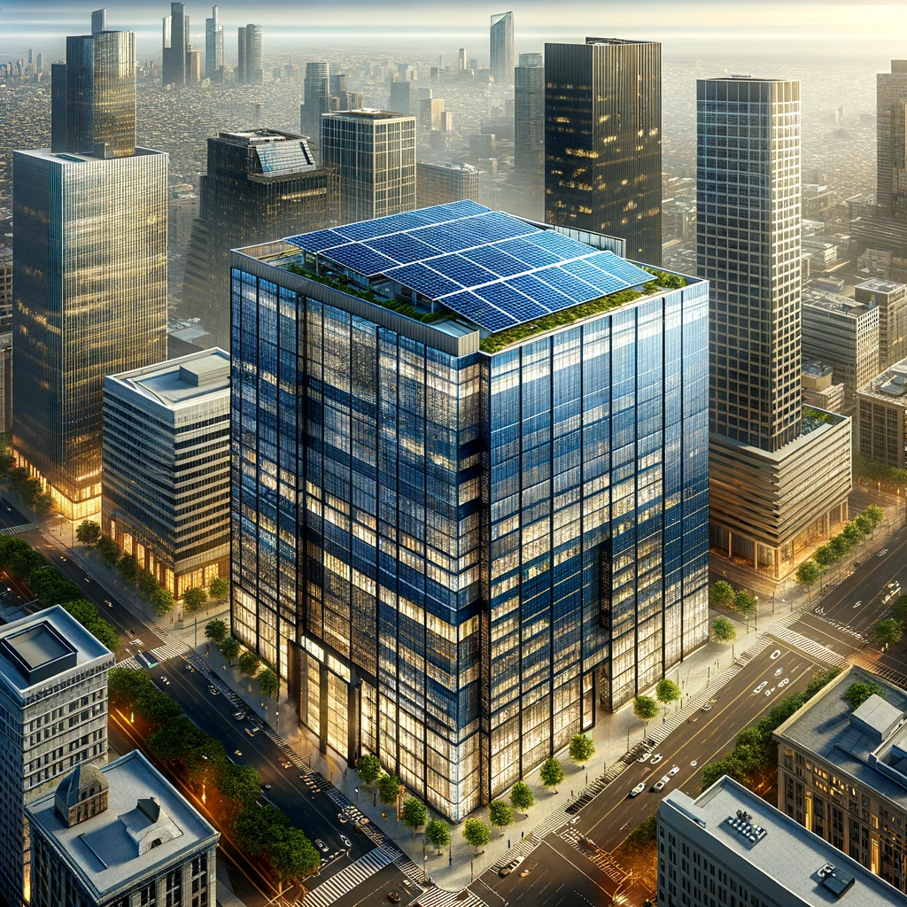 Commercial Solar Solution for a Downtown Office Building, highlighting a modern office skyscraper adorned with high-efficiency solar panels, embodying the fusion of urban sustainability and futuristic energy solutions.