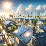 Realistic illustration of a solar panel installation on a residential roof in San Diego with professional installers working under sunny weather in a suburban neighborhood with palm trees and modern homes.