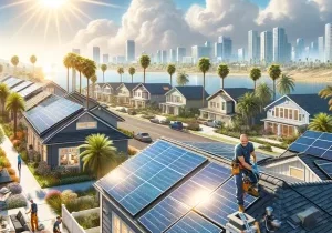 Realistic illustration of a solar panel installation on a residential roof in San Diego with professional installers working under sunny weather in a suburban neighborhood with palm trees and modern homes.